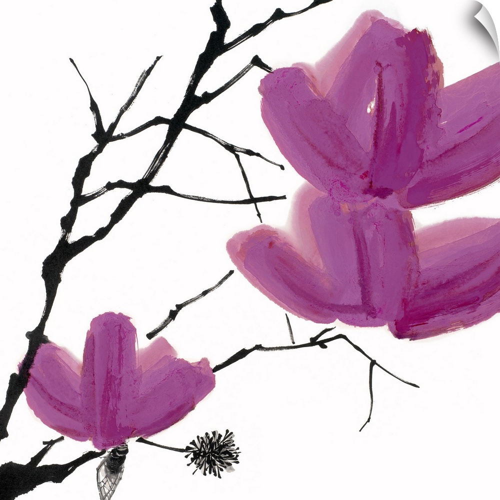 Up-close painting of three flower blossoms on a set of tree branches.
