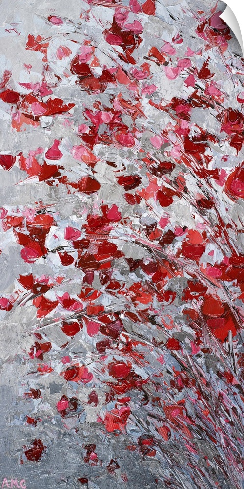 Contemporary painting of little red flowers on thin branches resembling a cherry blossom tree.