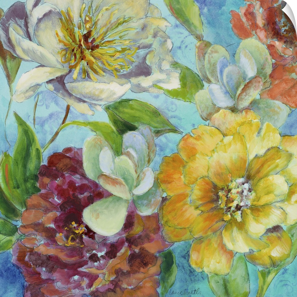 Painting of several colorful flowers in a bouquet.