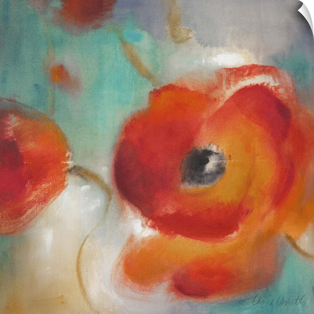 Floral painting of a large blooming poppy flower on a blurred colorful background.