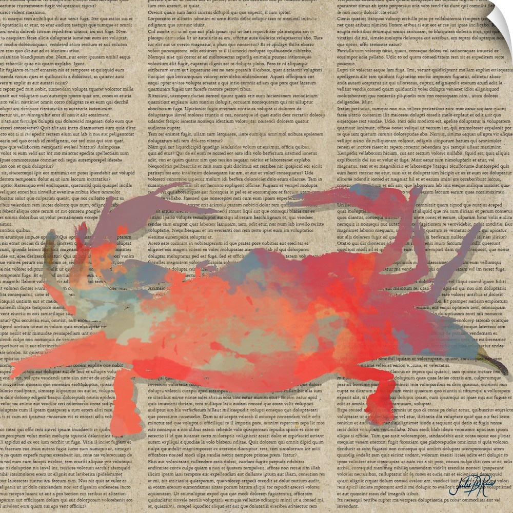Painting of a red abstract crab on vintage newspaper.