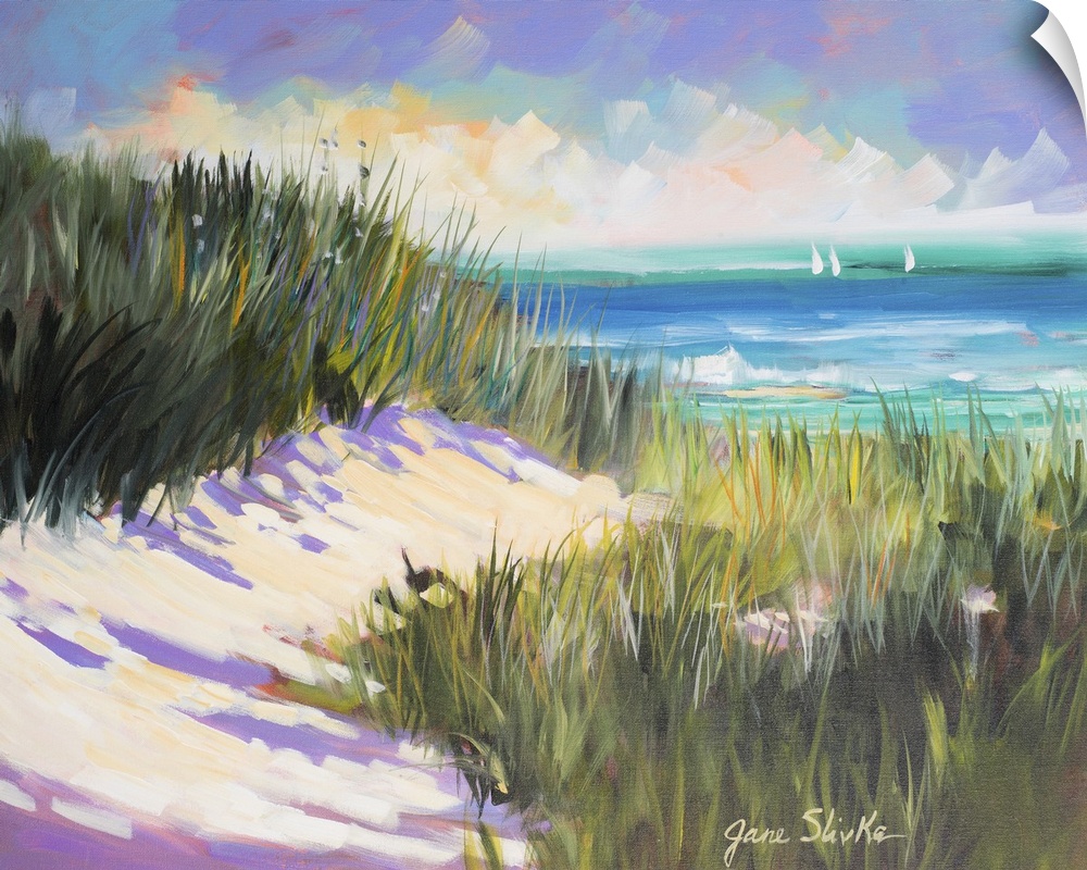 Contemporary painting of beach grasses in the dunes overlooking the ocean.