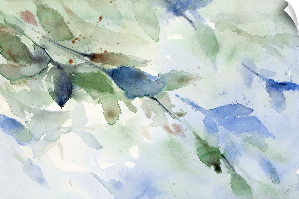 Watercolor painting of branches with soft leaves in blue and green tones.