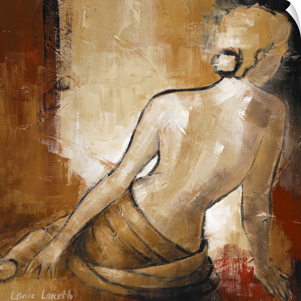 Square, contemporary art on large canvas of the back of a topless woman sitting on the floor.   Painted with thick, heavy ...