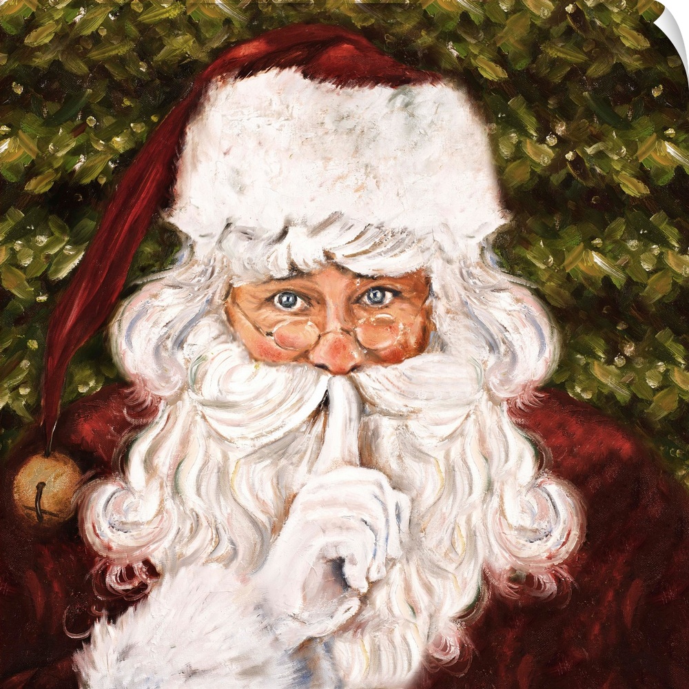 Painting of Santa Claus in front of a Christmas tree.