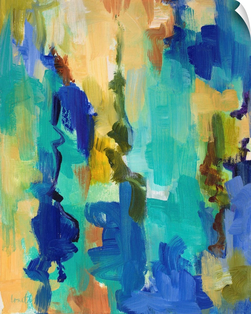 Vibrantly colored abstract artwork in shades of teal and gold.