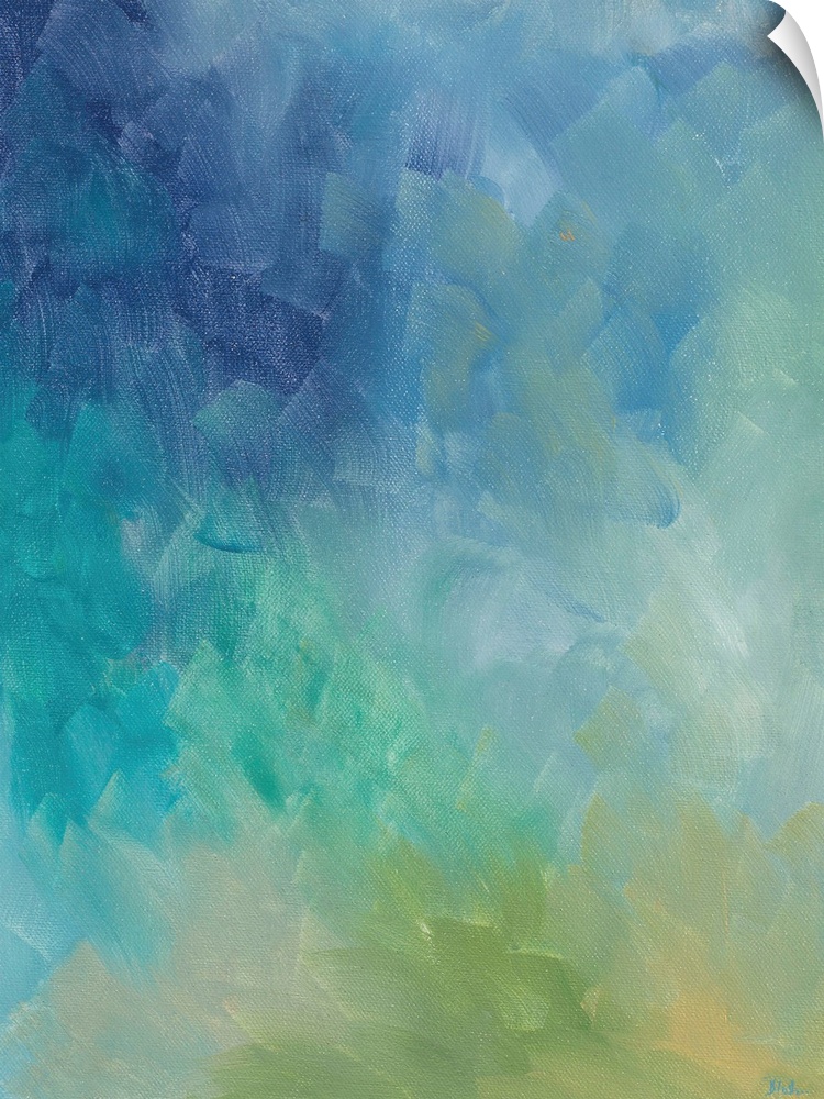 Abstract painting in teal and blue shades blending softly together.