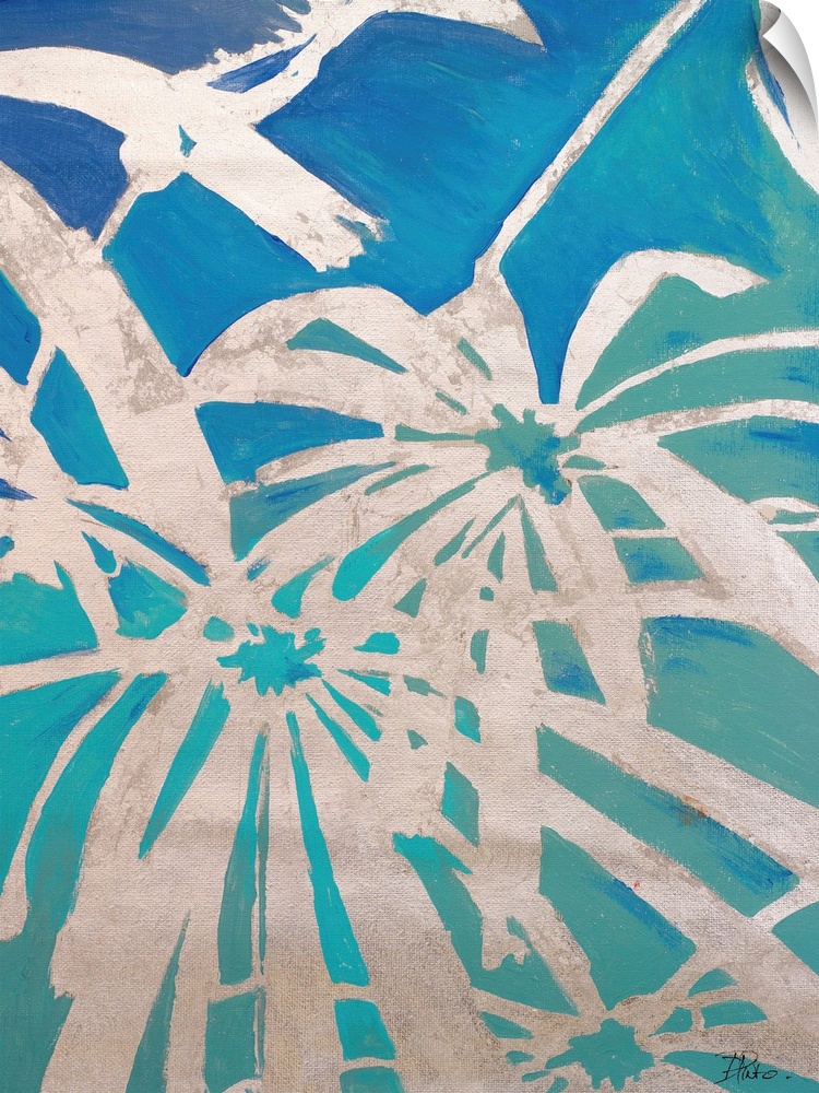 Contemporary abstract painting of a tropical looking palm fronds in light gray silhouette against a blue green background.