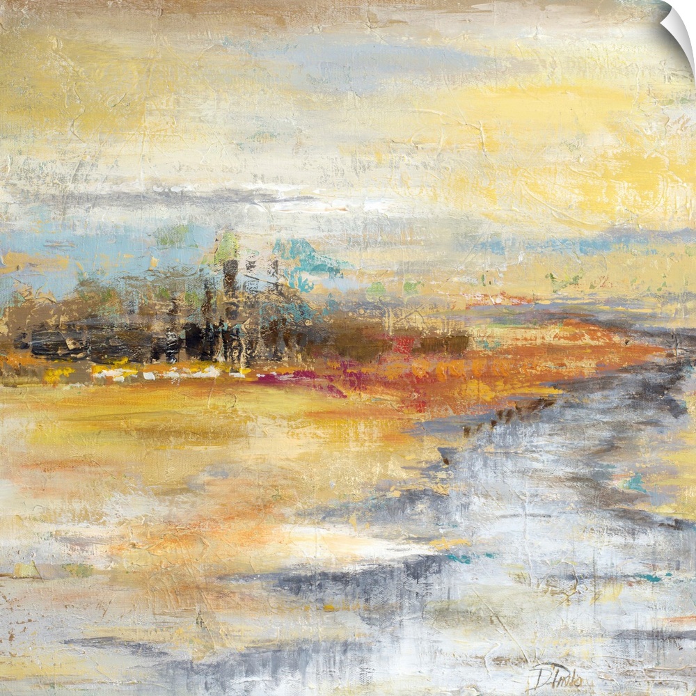 Contemporary artwork of a river crossing through an orange landscape.