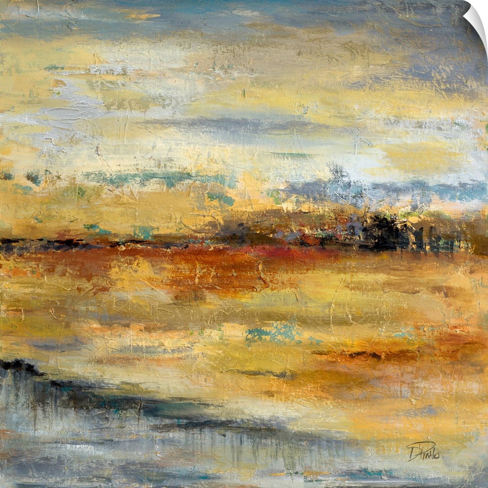 Contemporary artwork of a river crossing through an orange landscape.