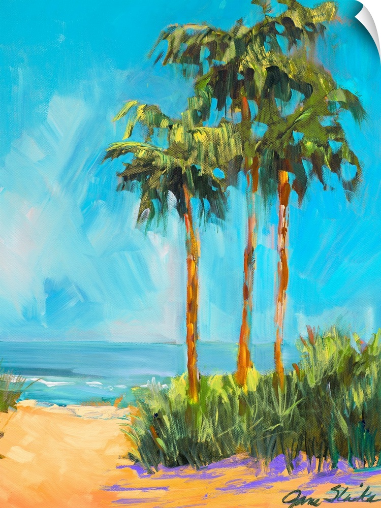 This vertical painting by a contemporary artist shows three palm trees growing next to a tropical beach.