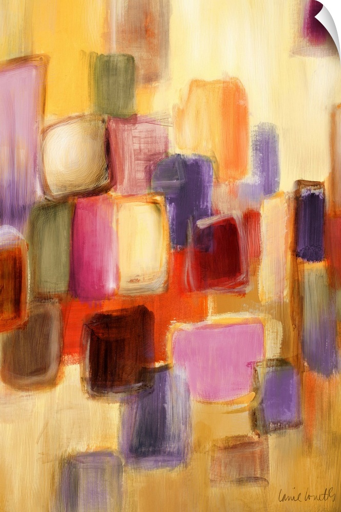Large contemporary vertical painting of overlapping squares and rectangles in many bright colors, on a streaky background ...