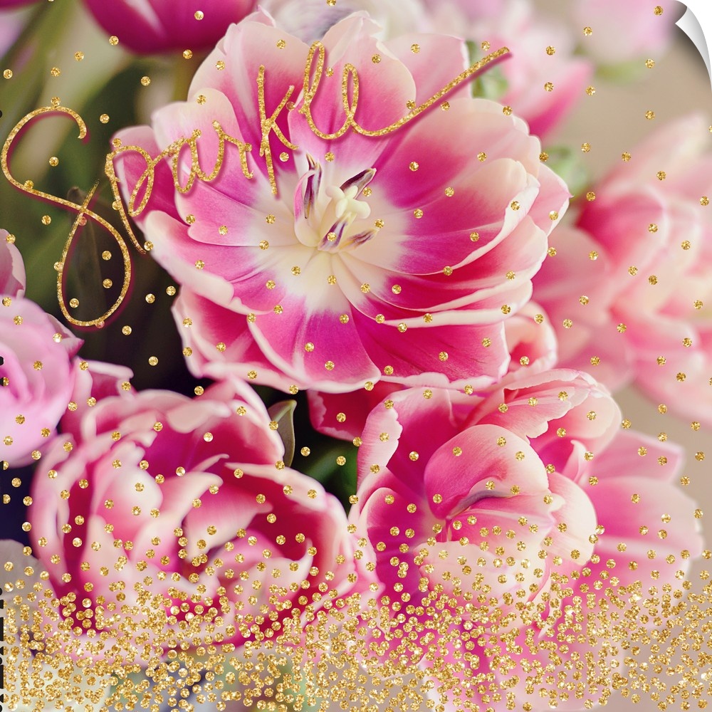 Square photograph of pink flowers with sparkly gold dots on top and the word "Sparkle" written in the top corner.