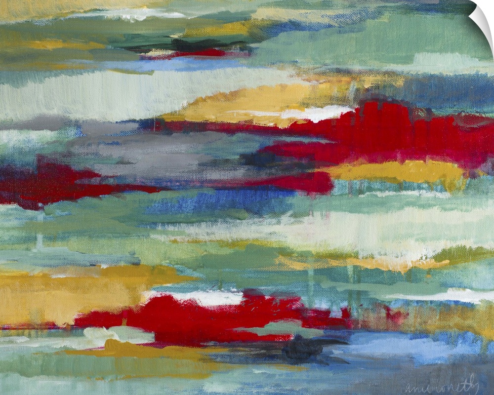 Contemporary abstract painting with red streaks against cool tones.
