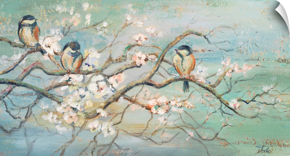Contemporary art of three Blue Tits on a flowering branch.