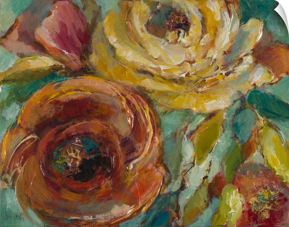 Contemporary artwork of round flowers in rich tones.