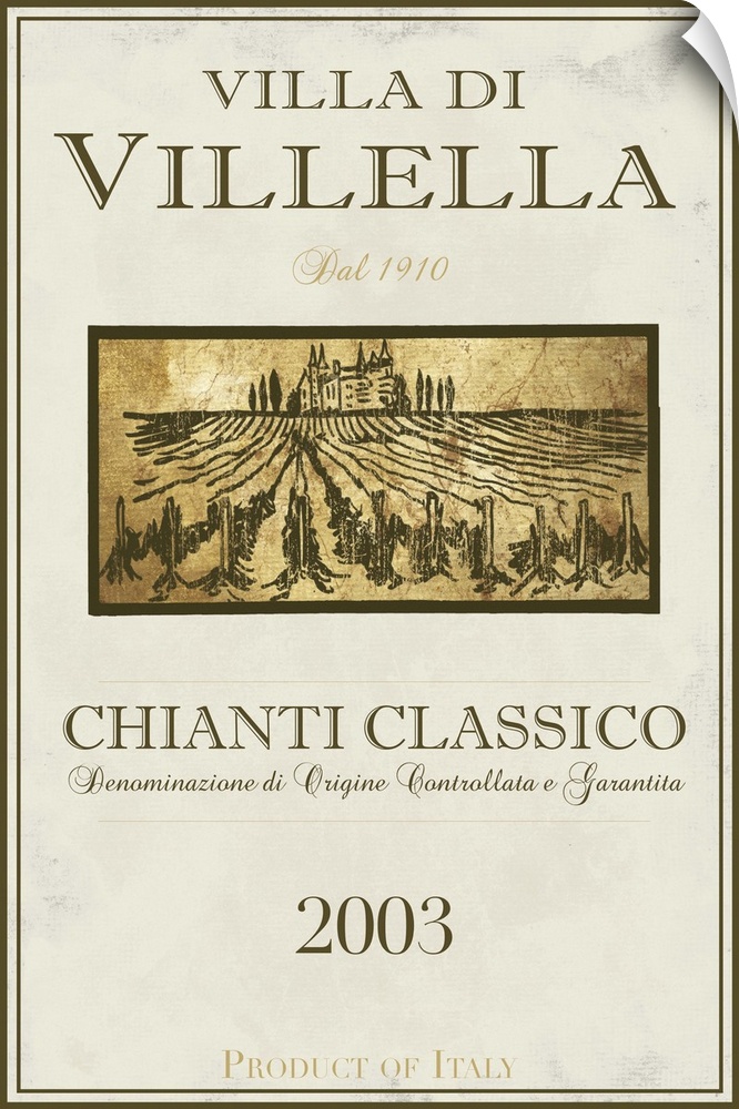 Contemporary artwork of a vintage stylized Italian Chianti Classico wine bottle label.