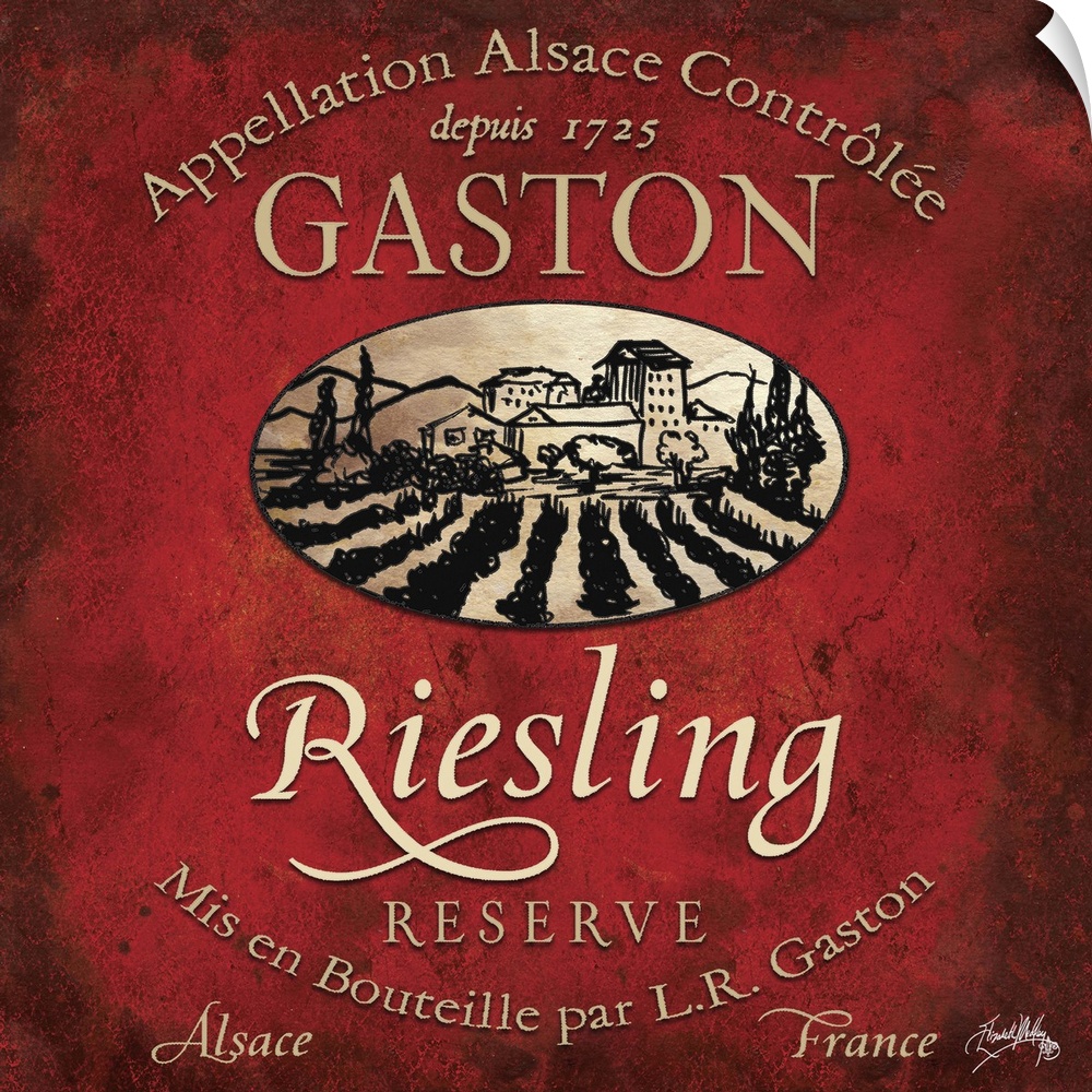 Contemporary artwork of a vintage stylized French Riesling wine bottle label.