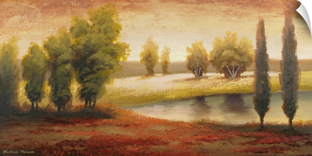 Giant landscape painting of a vibrant summer landscape of small groups of trees surrounding a pond, as the sun beams down ...