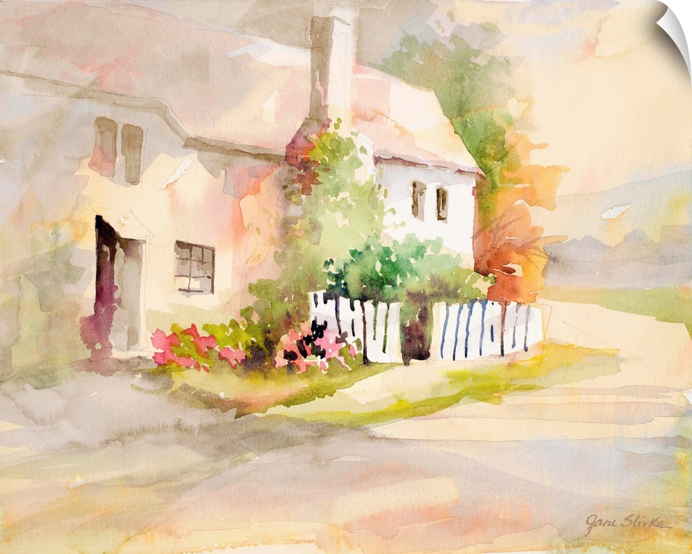 Contemporary watercolor painting of a countryside cottage with a white picket fence out front.