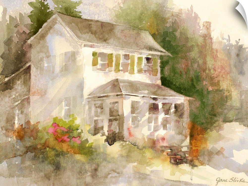 Contemporary watercolor painting of a countryside cottage.