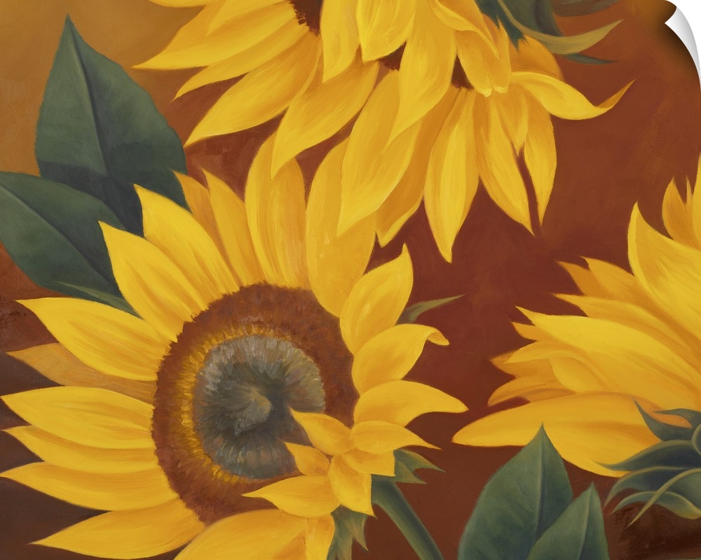 Big painting on canvas of three big sunflowers against a dark background.