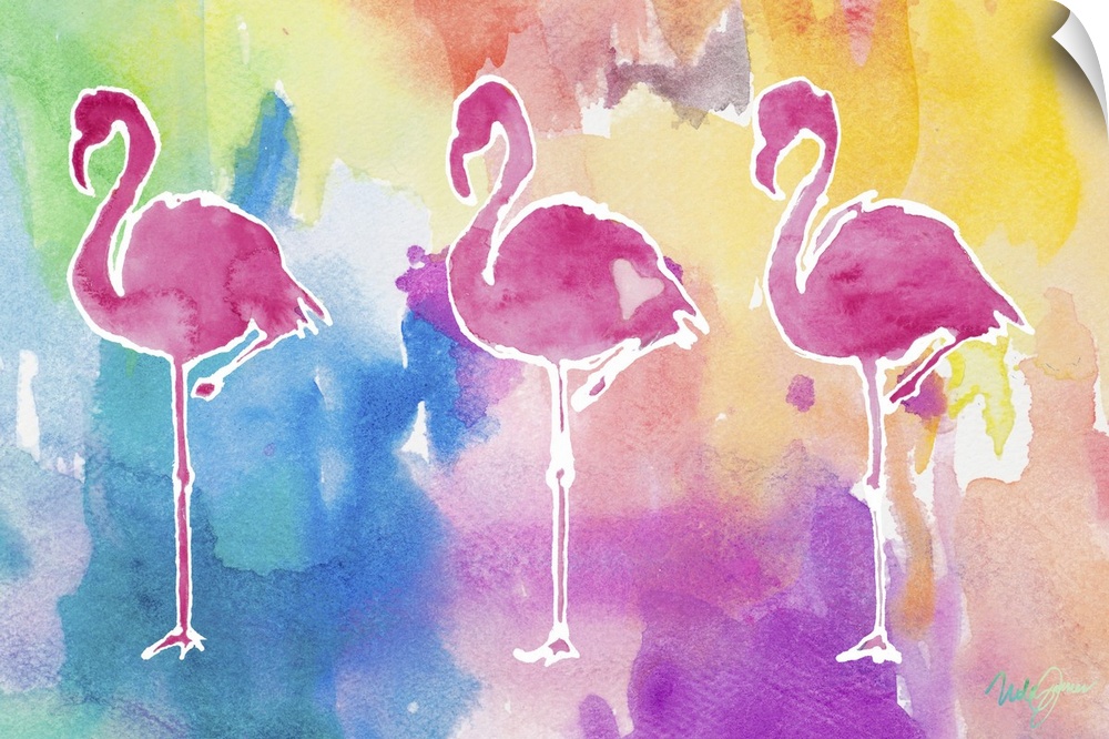 Watercolor painting of three pink flamingo silhouettes on a background made with all of the colors of the rainbow.