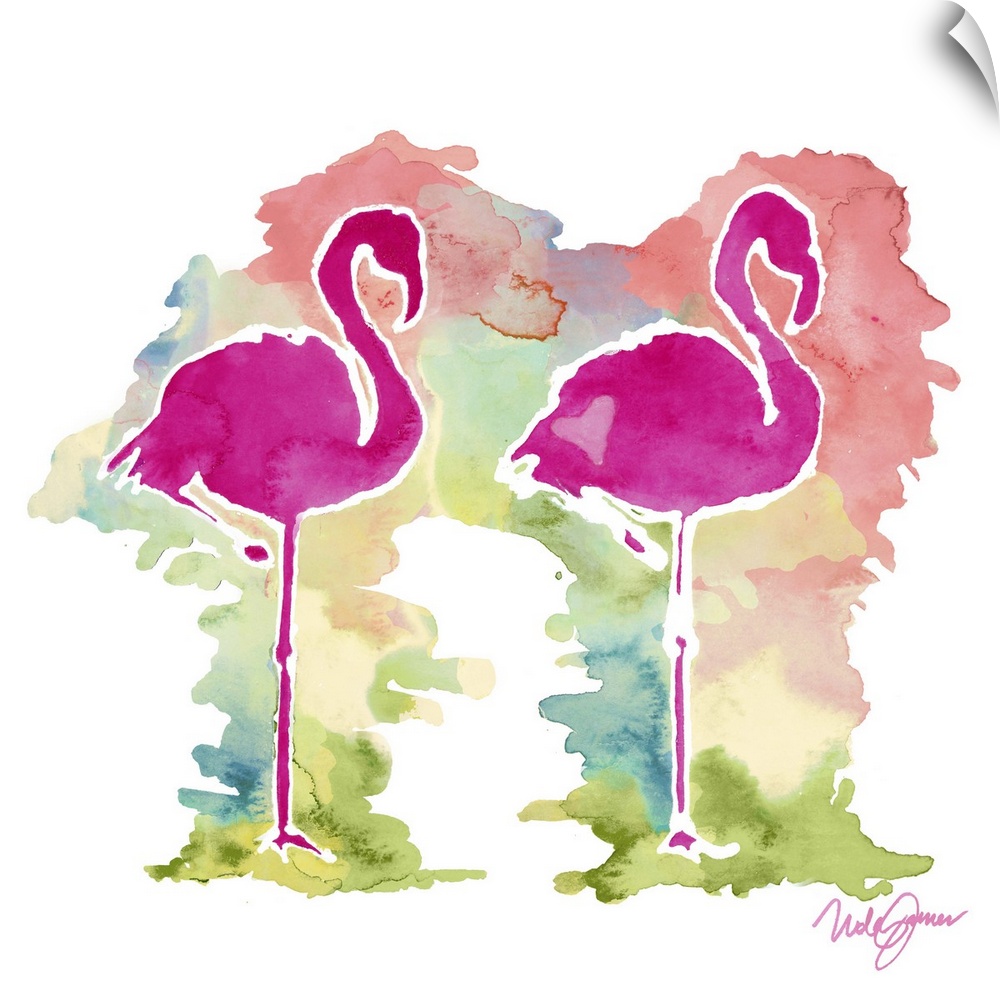 Square watercolor painting two pink flamingo silhouettes with a colorful background.