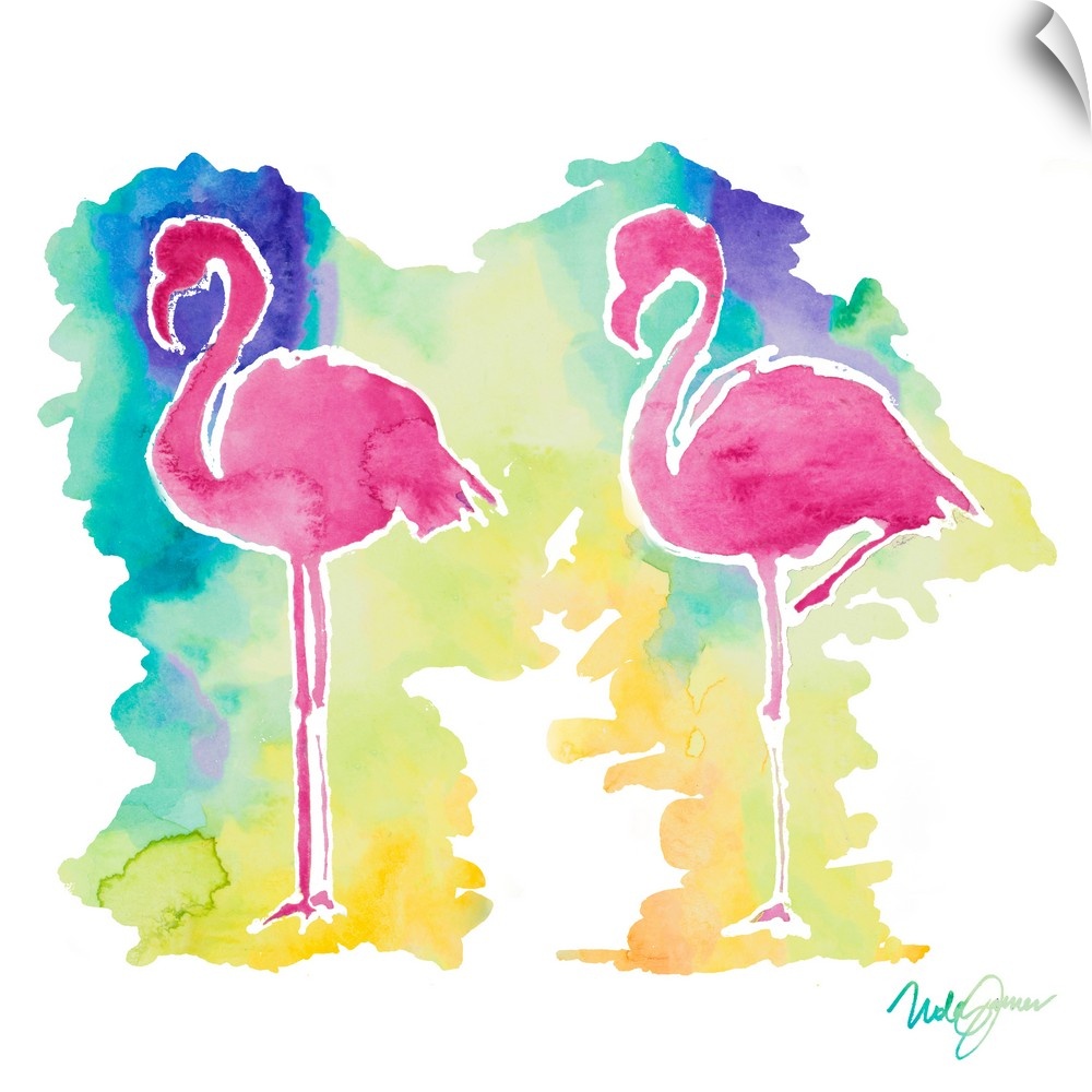 Square watercolor painting two pink flamingo silhouettes with a colorful background.