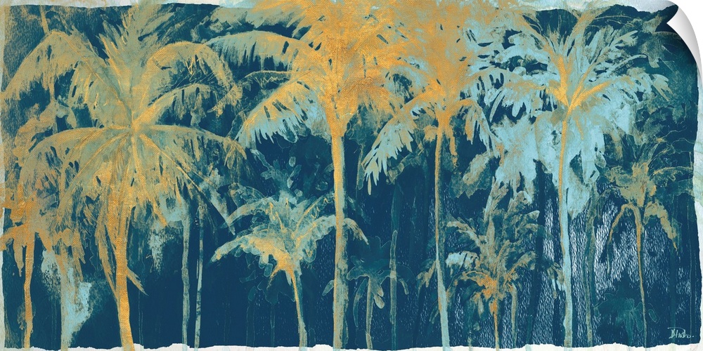 A tropical watercolor painting of gold and teal palm trees on a dark blue background.