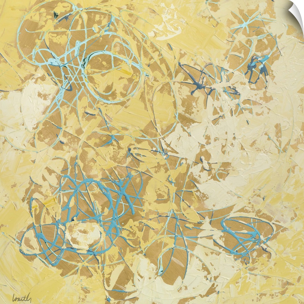 Abstract contemporary painting in yellow shades with lots of texture.