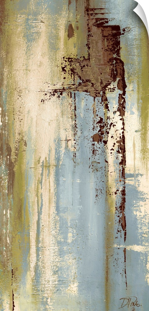Contemporary abstract painting using blue tones mixed with gray and brown in vertical streaking motions.