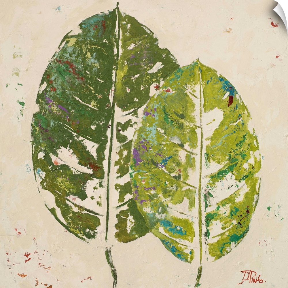 Painting of green tropical leaves against a beige background.