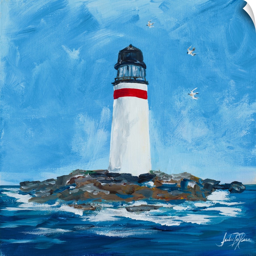 Contemporary square painting of a white lighthouse with one red strip at the top on an island surrounded by the ocean and ...