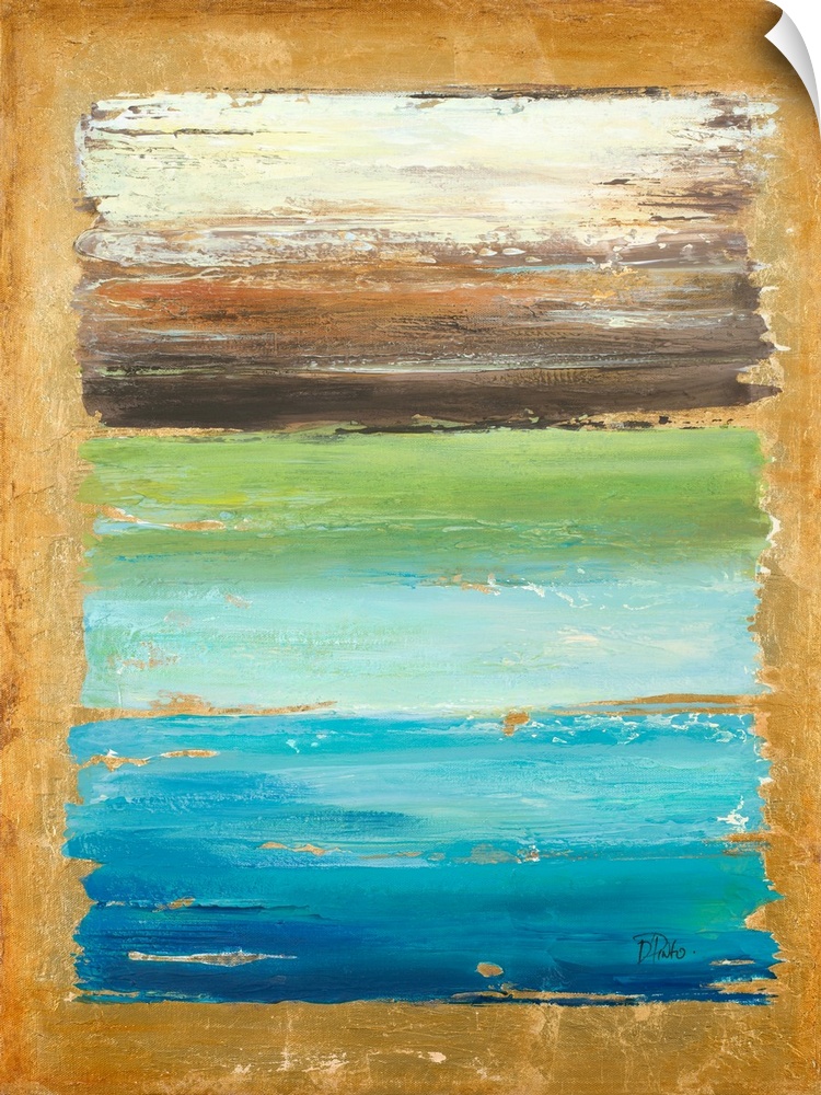Contemporary abstract painting of a colorfield in blue green and brown tones encompassed by a golden border.