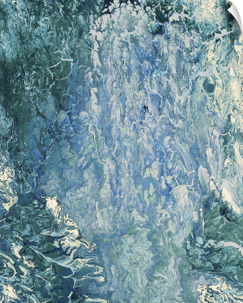 Abstract painting with different shades of blue and white rippled together to resemble the sea.