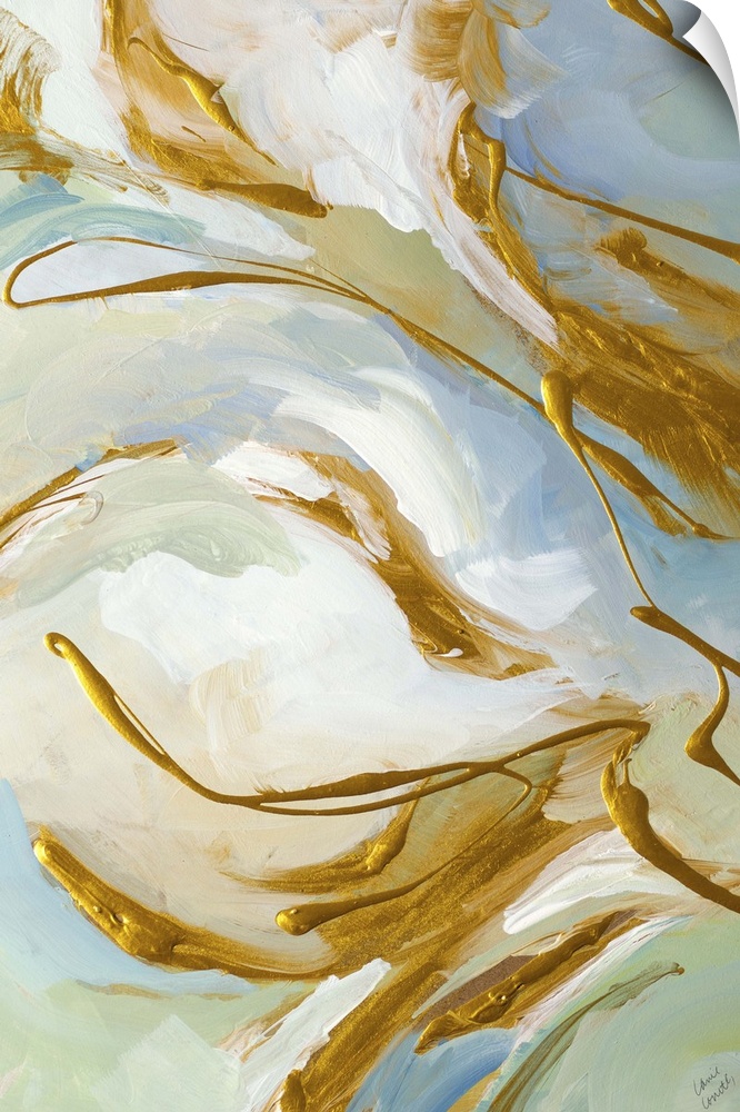 Abstract artwork in white with golden swirls.