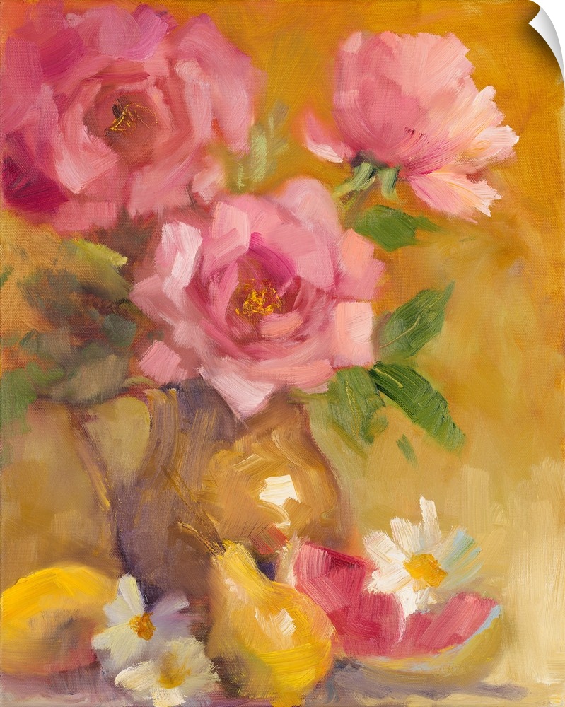 Still life painting of three pink roses in a vase with fruit slices.