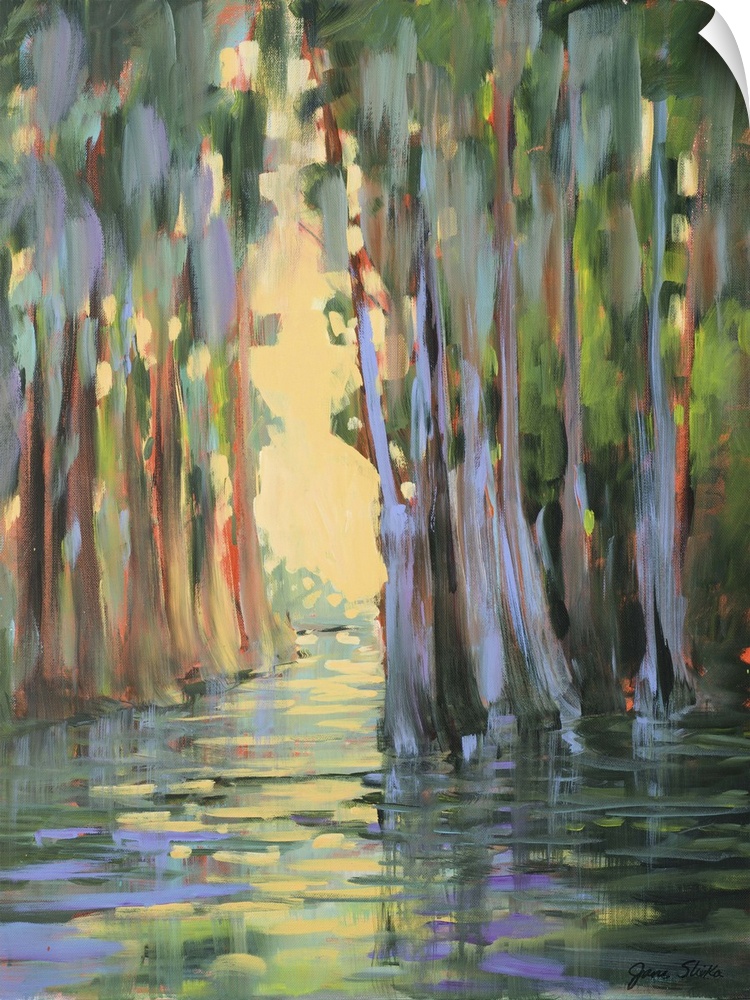 Contemporary artwork of a swampy forest with golden sunlight.