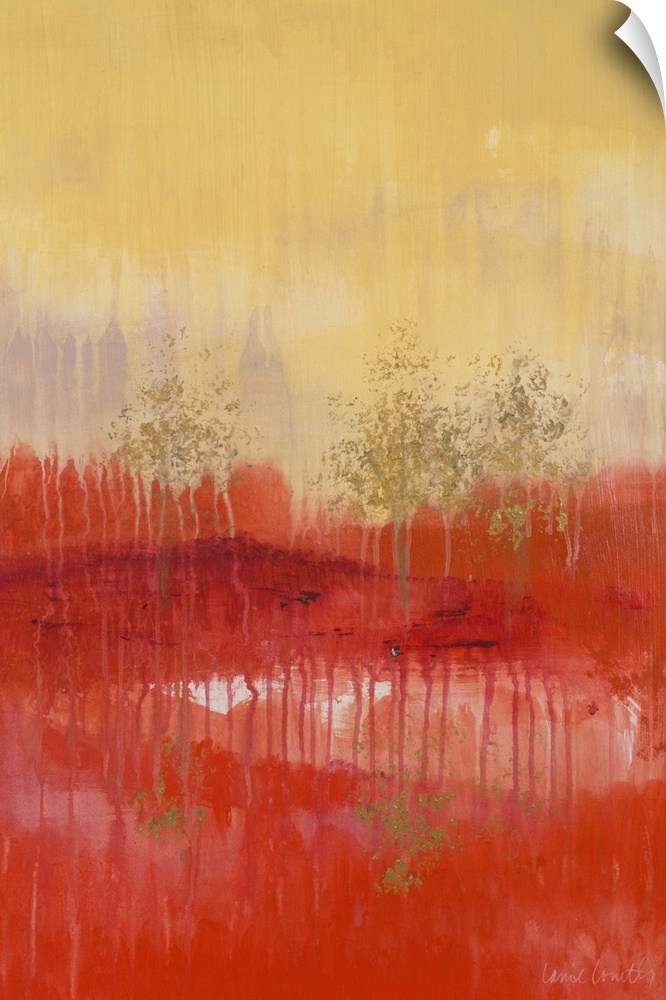Abstract painting of a red and yellow landscape with golden trees.