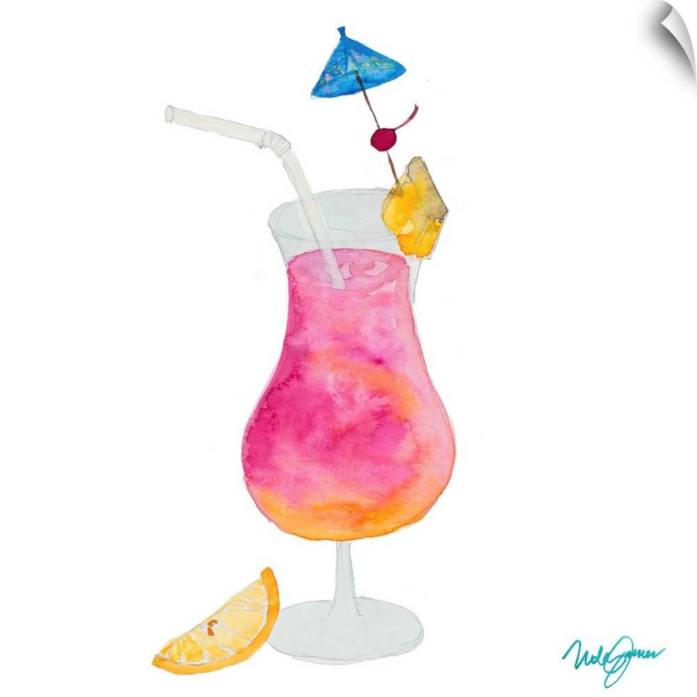 Square watercolor painting of a tropical pink and orange cocktail in a daiquiri glass with a drink umbrella, cherry, pinea...