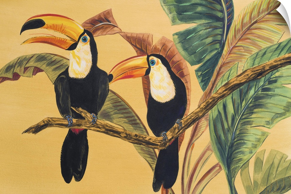Contemporary artwork of toucans perched on a branch.