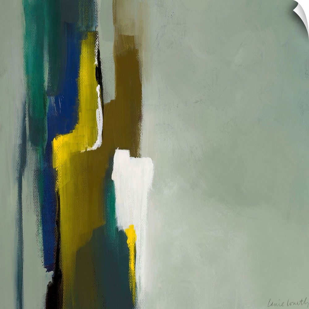 Modern art consisting of streaks of color in one quadrant of the painting. Streaks of color clash with neutral background.