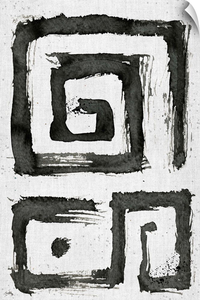 Black and white abstract painting of boxy tribal swirls.