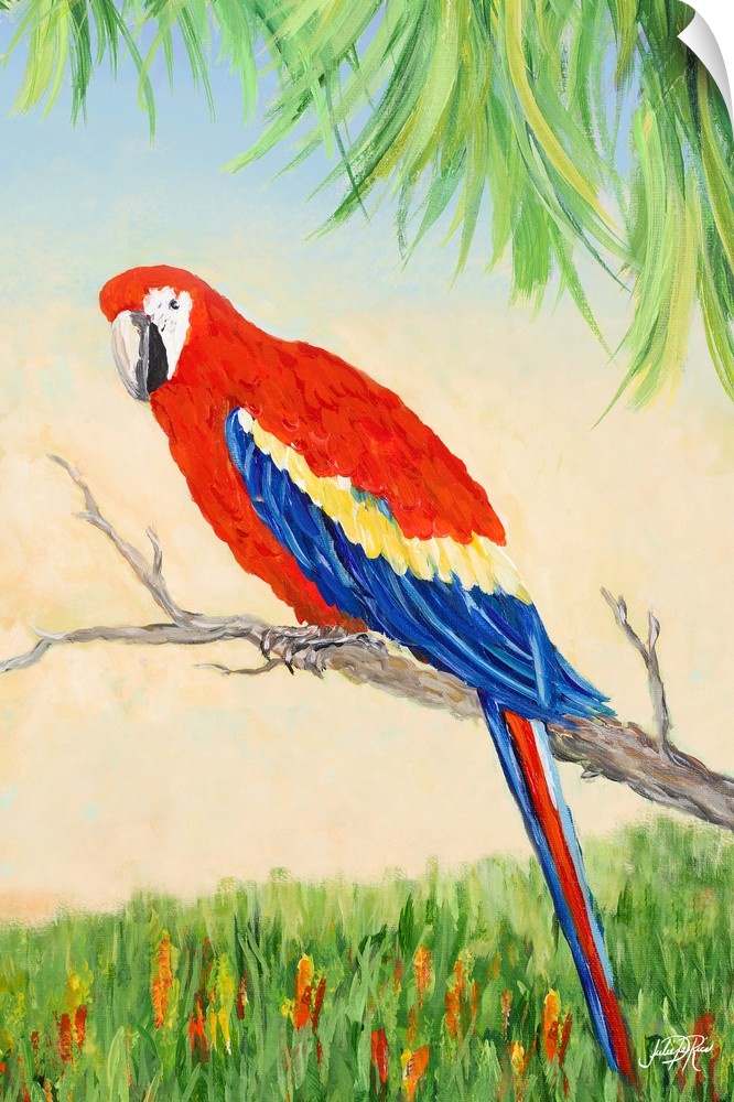 Painting of a Scarlet Macaw on a branch in a tropical scene.
