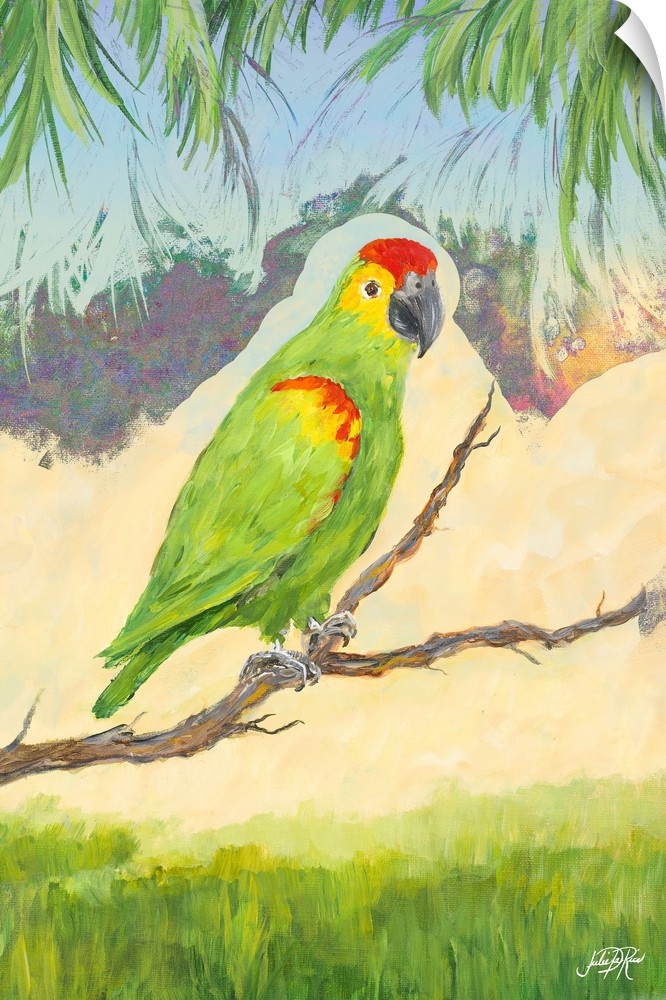 Painting of a Red Lored Amazon on a branch in a tropical scene.
