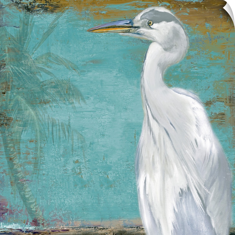 Docor perfect for the home of a painted white heron peering to the left where there is a faded palm tree.