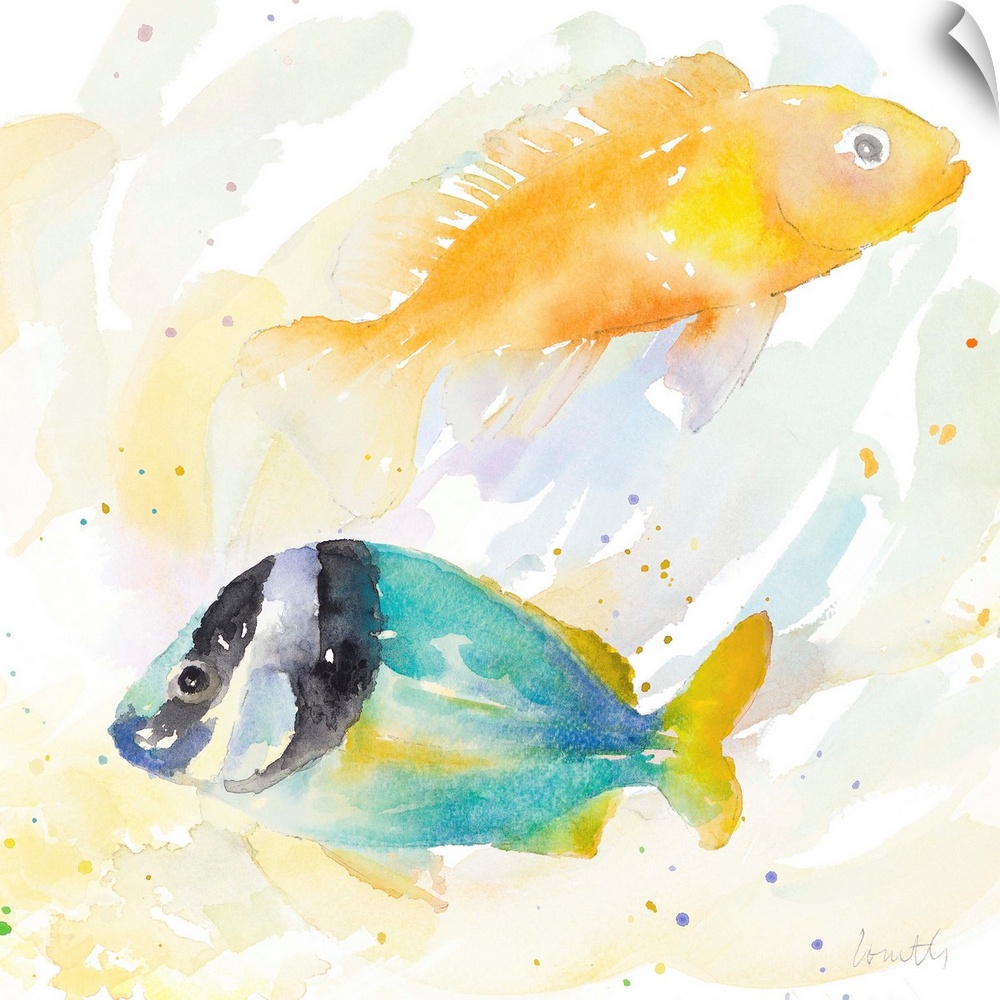 Watercolor painting of colorful tropical fish.