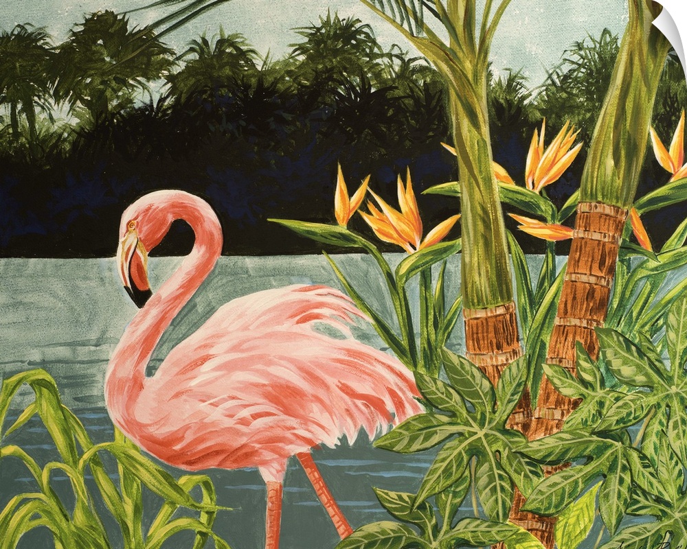 Contemporary artwork of a flamingo among tropical plants.