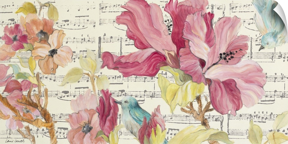Contemporary painting of beautiful blooming flowers in pink and orange with a small blue bird with a sheet music background.
